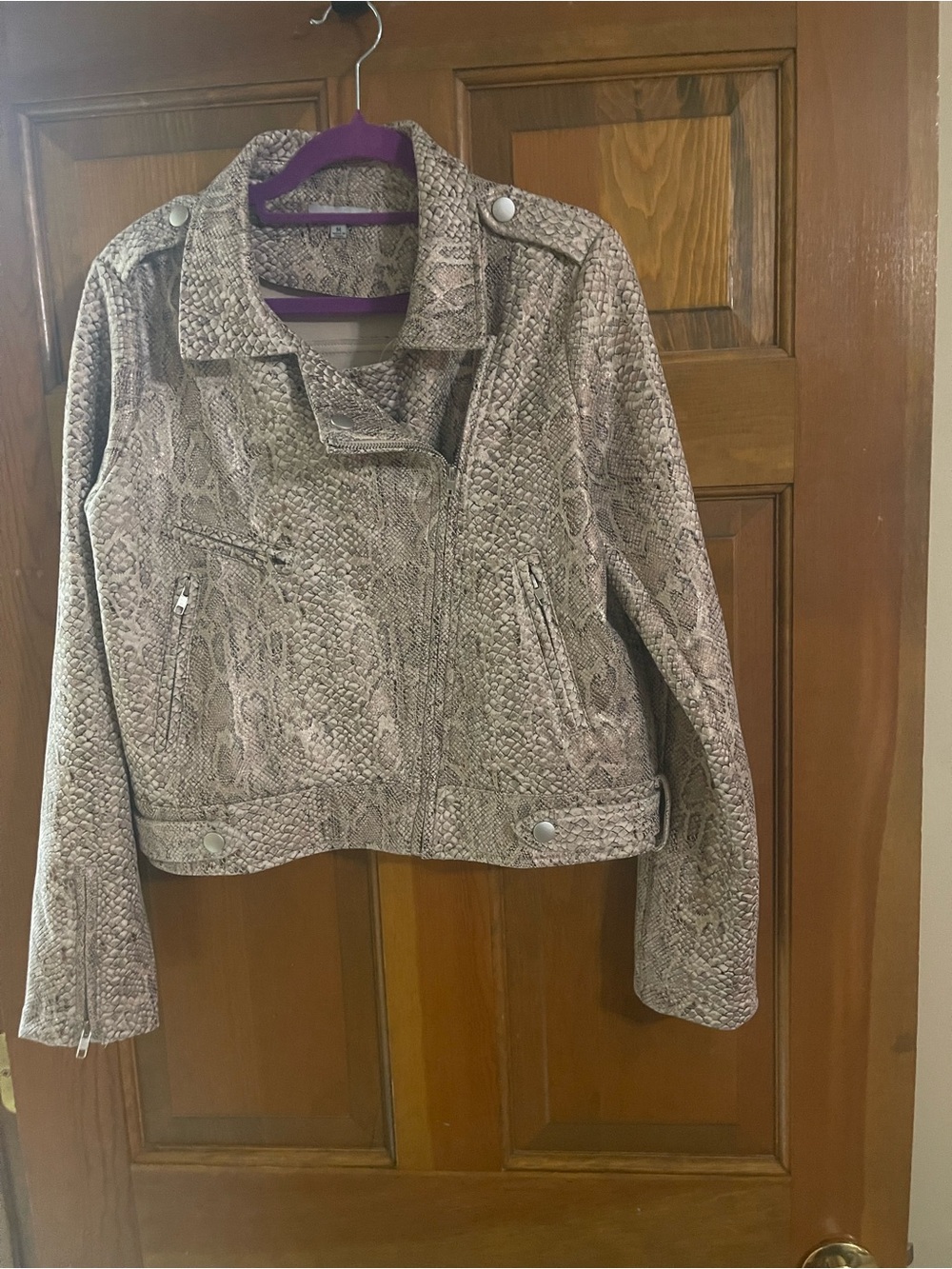 Fate Taupe Snakeskin-Print Biker Jacket
